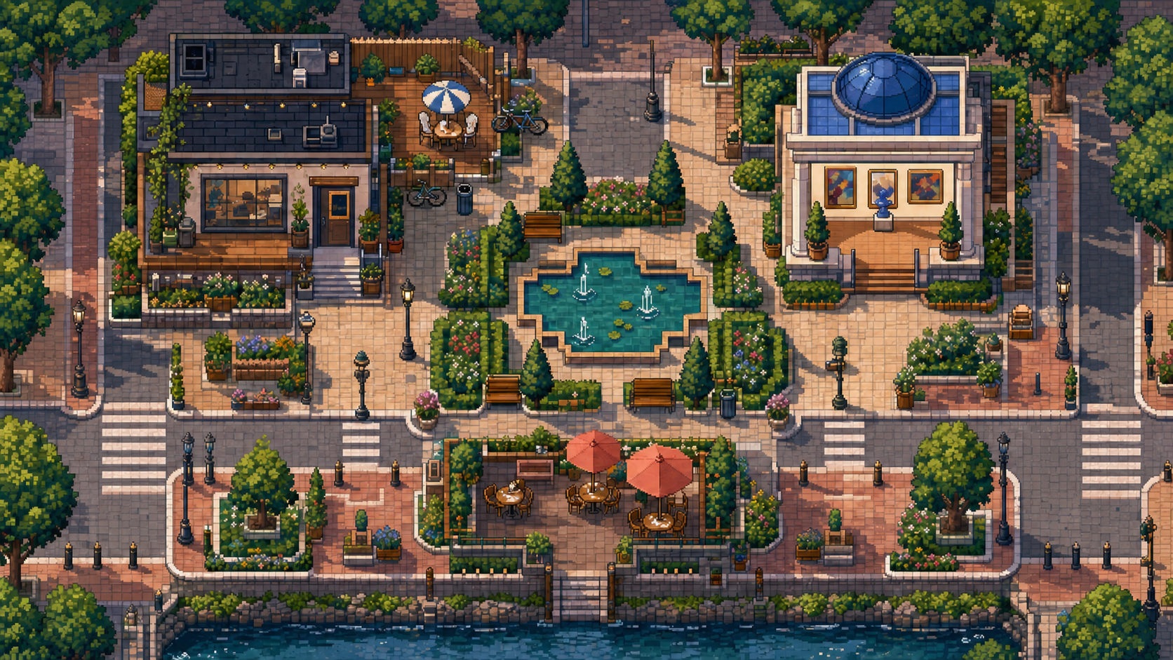 Pixel-art creative city with a studio, gallery, garden, and cafe